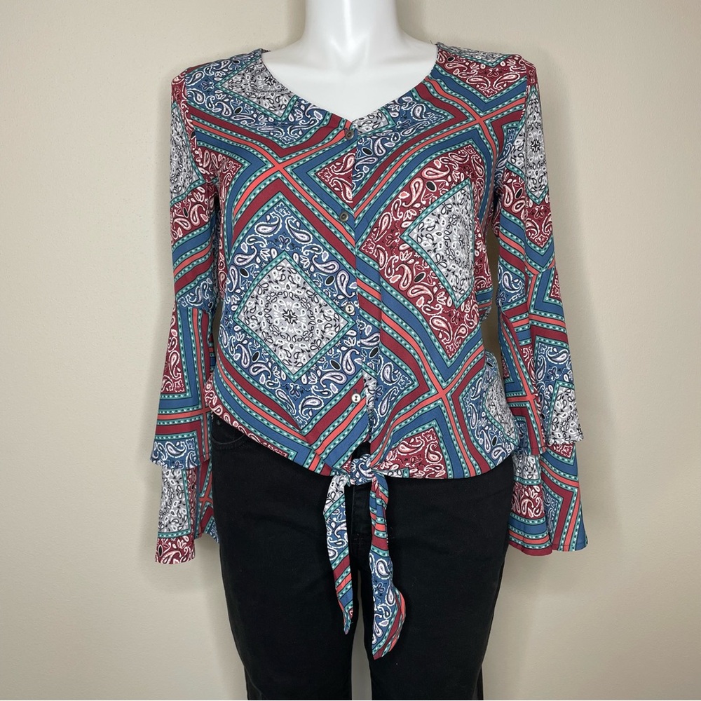 Final Markdown Blue/Multicolor Print Bohemian Blouse w/Bell Sleeves & Tie Front